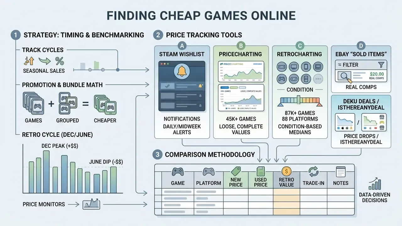 Infographic showing strategies for price tracking and comparing costs to buy video game online