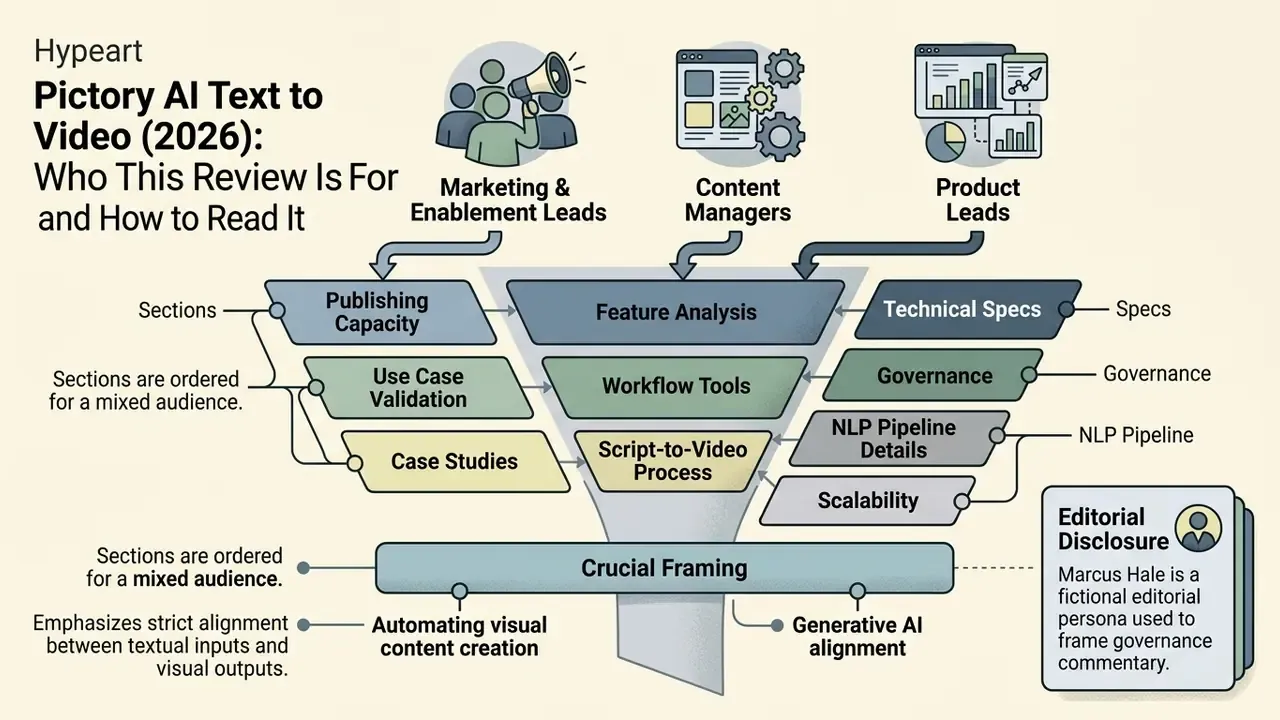 Funnel diagram showing how different professional roles navigate sections of a Pictory AI review