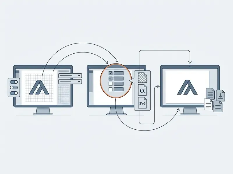 Computer screens showing the process of configuring export settings to download a watermark-free logo file