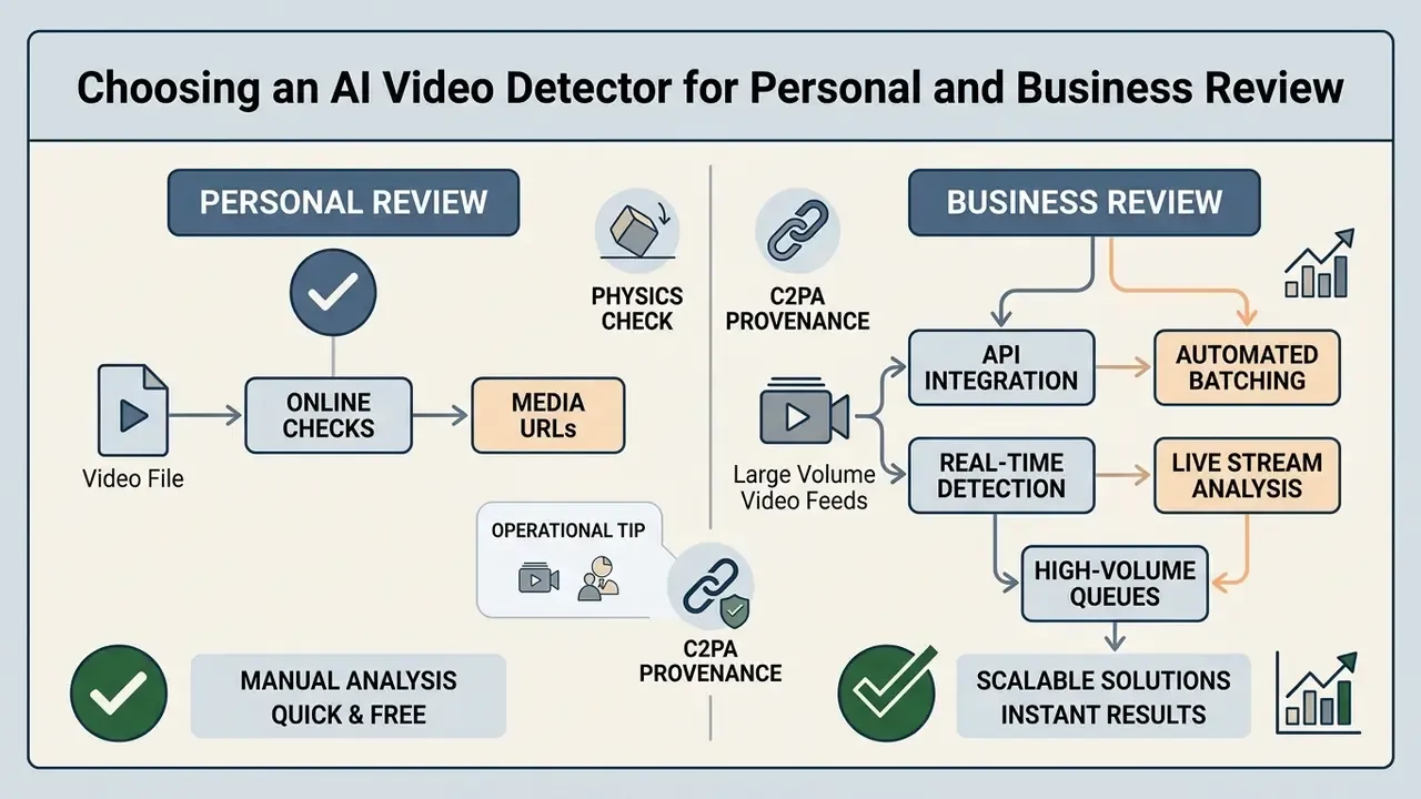 Comparison infographic showing personal manual video checks versus business API and automated workflows