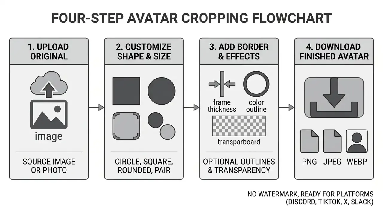 Flowchart illustrating the avatar cropper process from uploading an image to downloading final files