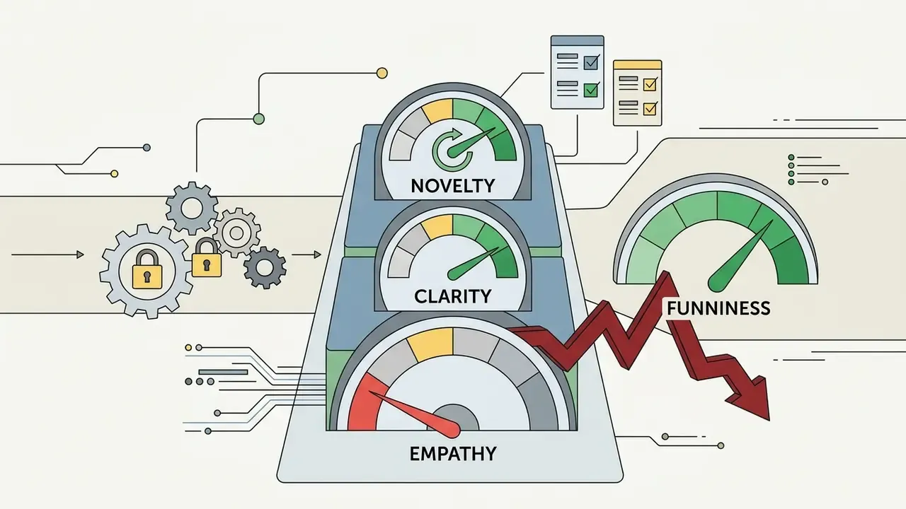 Gauges measuring novelty, clarity, and empathy with a red arrow showing a decline in overall funniness