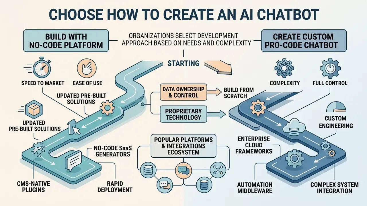 Flowchart comparing no-code platforms and custom pro-code development paths for AI chatbot creation
