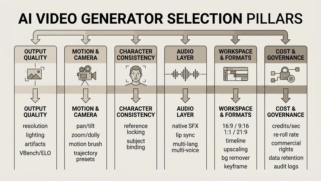 Flowchart outlining six key criteria for evaluating an AI video generator as a PixVerse alternative