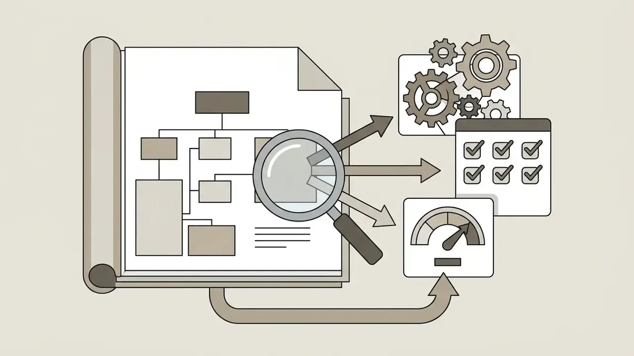 Magnifying glass over a technical document pointing to gear mechanisms, checklists, and a gauge
