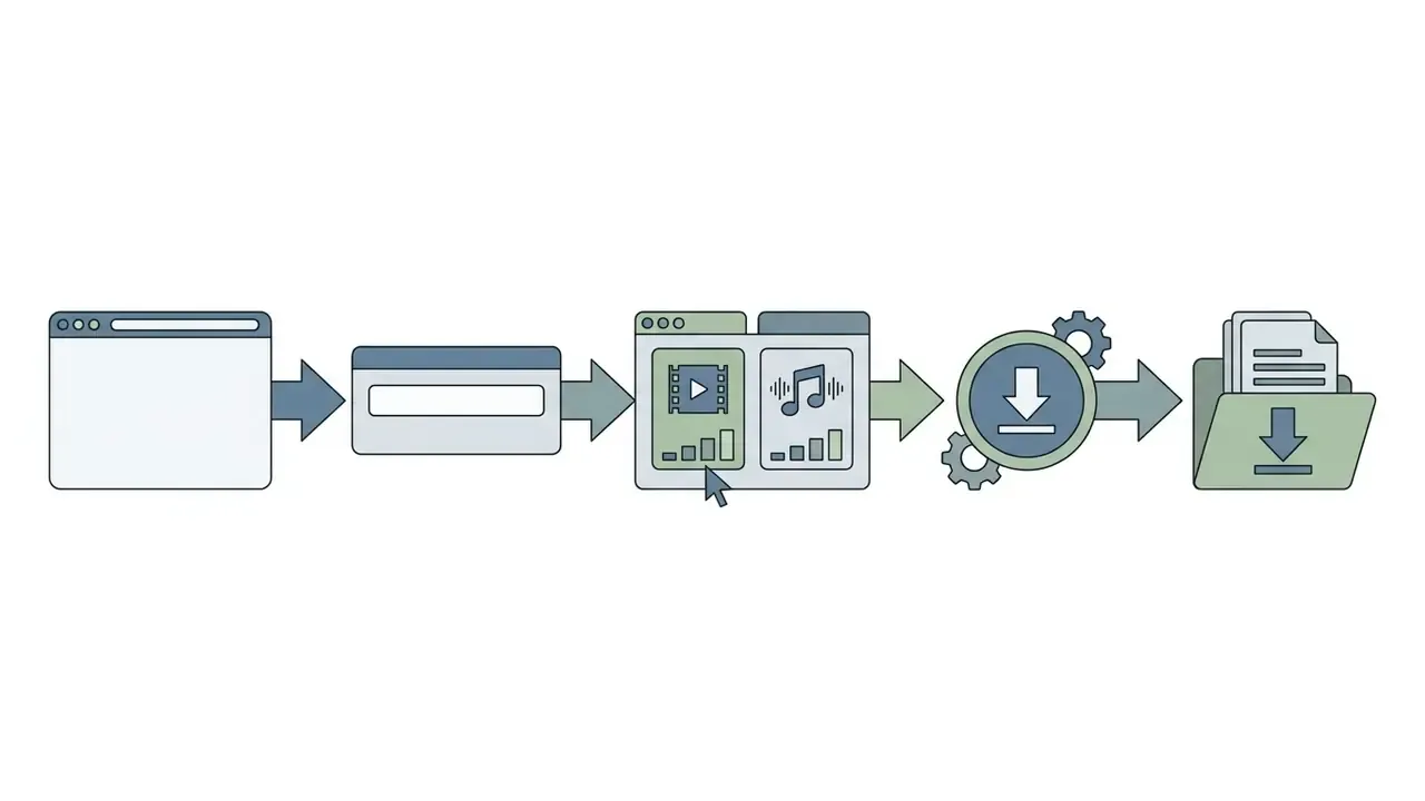 Sequence of browser icons showing link entry, format selection, processing, and file storage
