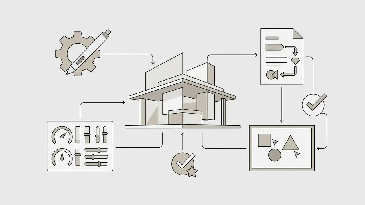 Central building icon connected to a pen, control sliders, document, and design canvas with checkmarks