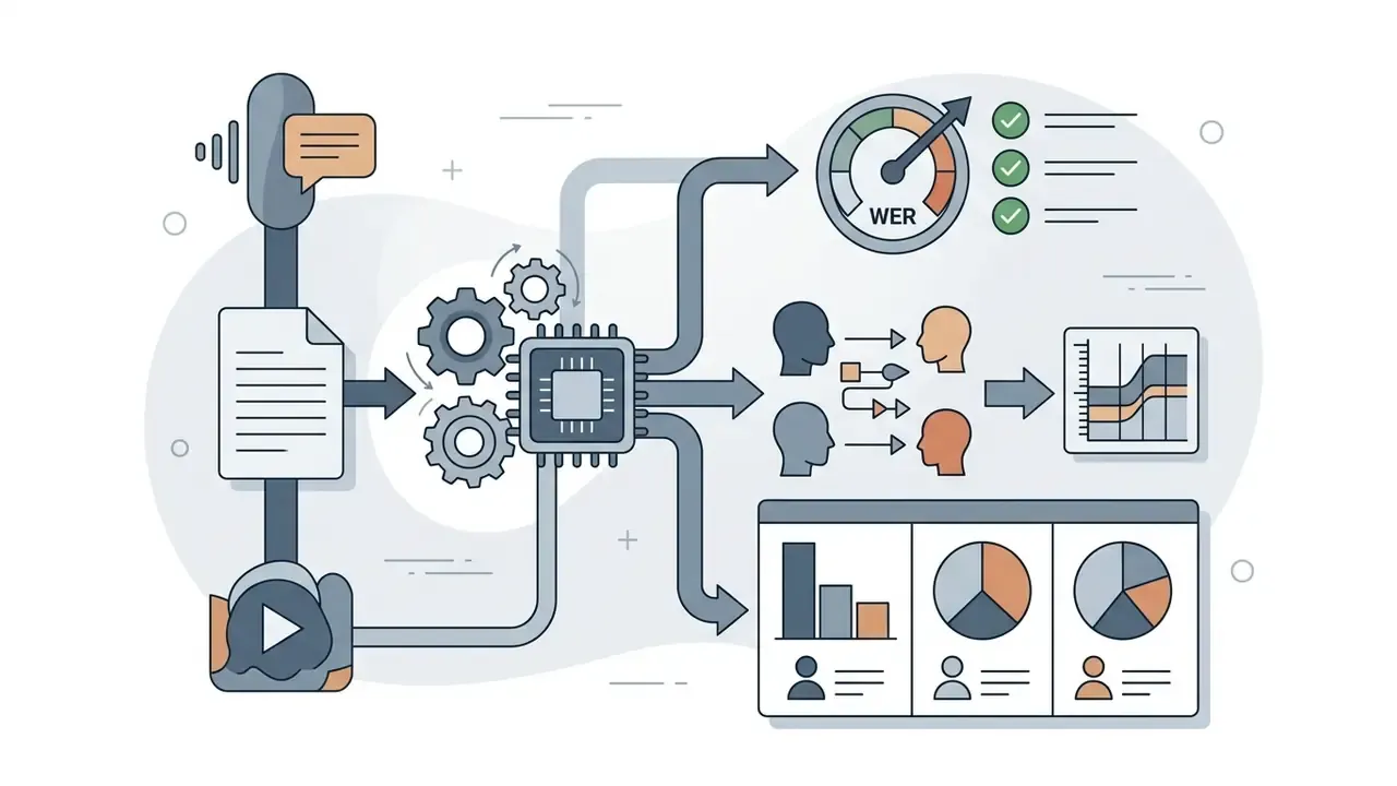 Media inputs feeding into a processor that outputs WER metrics, diarization data, and performance charts