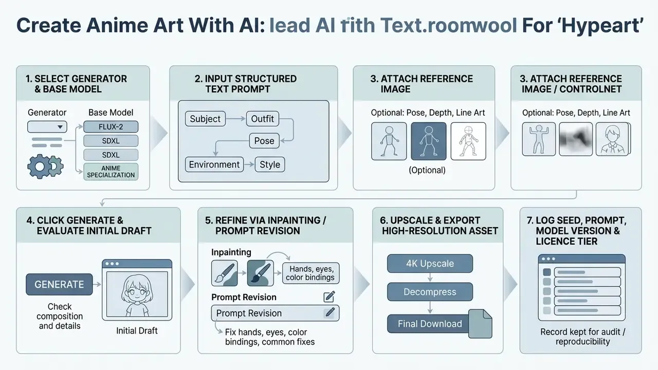 Seven step process diagram for creating anime art with AI from model selection to final asset export