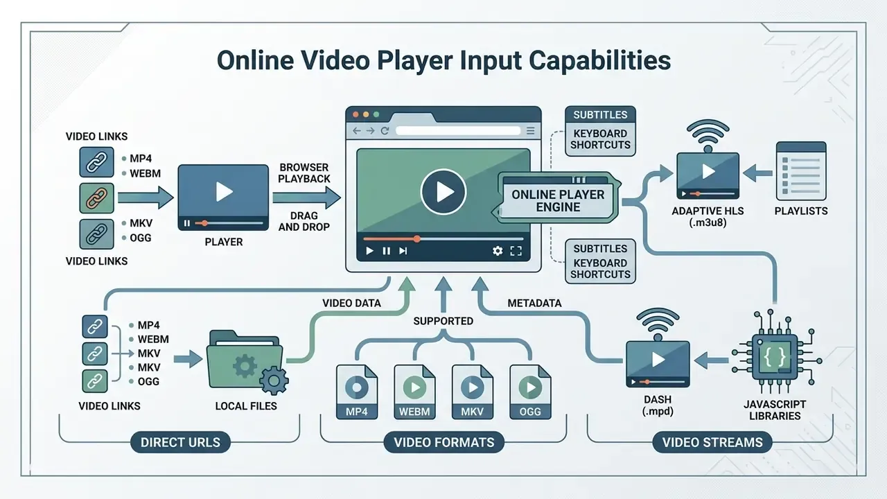 Infographic showing how online video players process direct URLs, local files, and adaptive streaming formats