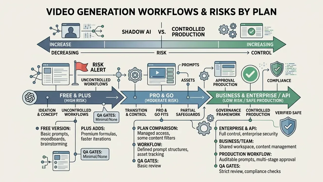 Risk matrix comparing ChatGPT video generation capabilities across free, pro, and enterprise plan levels