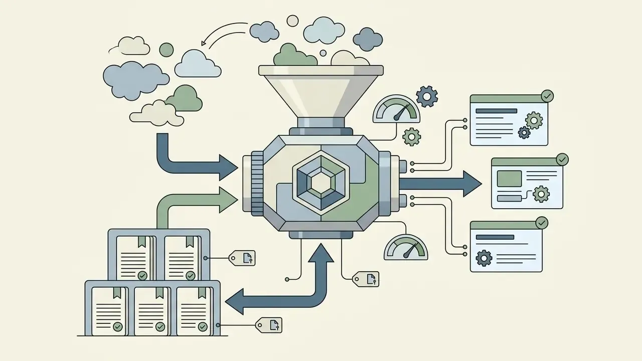 Cloud data and tagged document stacks feeding into a processing unit that outputs structured reports