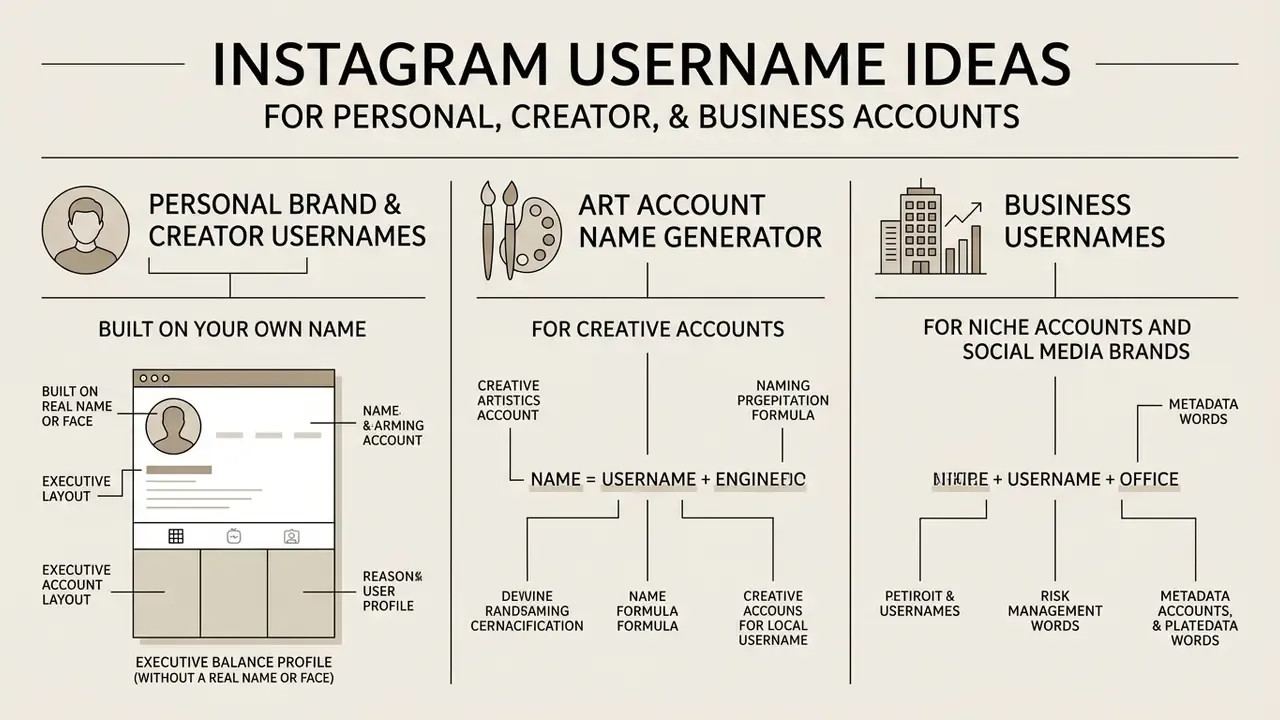 Infographic comparing naming structures for personal, creative, and business Instagram account types