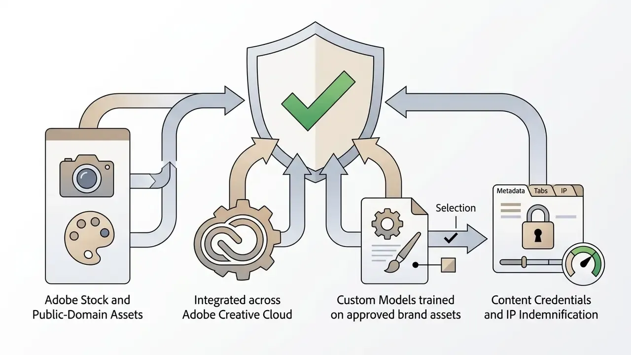 Icons representing assets, software, and models feeding into a shield symbol with a green checkmark