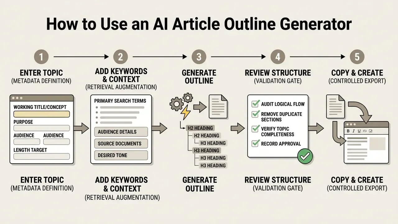 Numbered sequence showing five steps to define metadata, add context, generate headings, and audit content