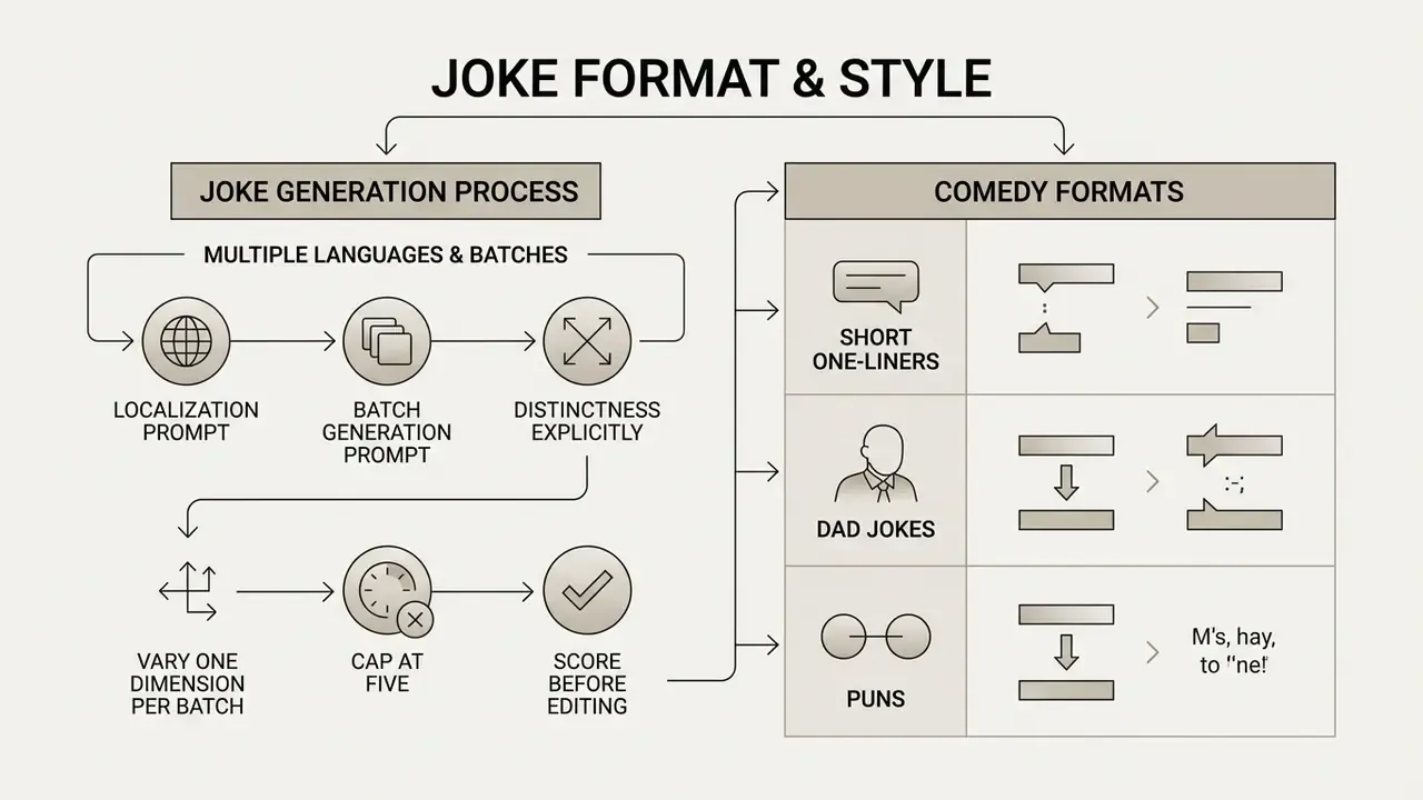 Diagram detailing the steps for generating multilingual jokes and selecting specific comedy formats