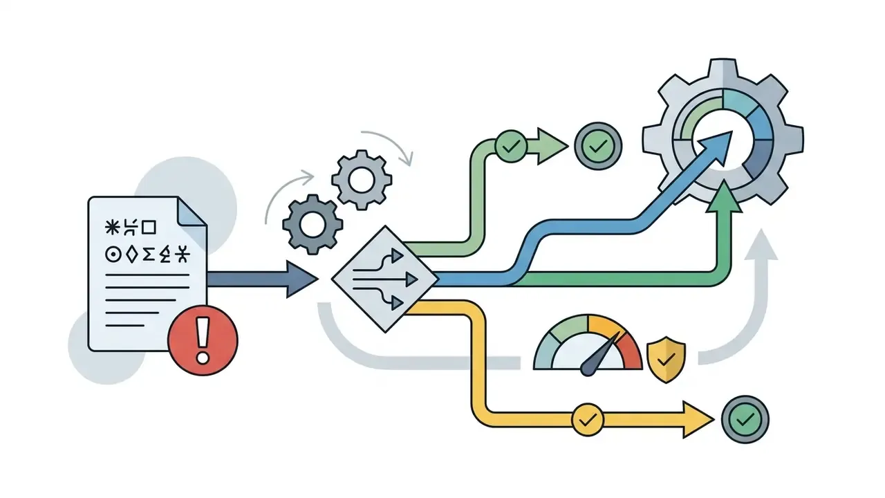 Document with an alert icon feeding into a branching path that routes complaints to a central gear system