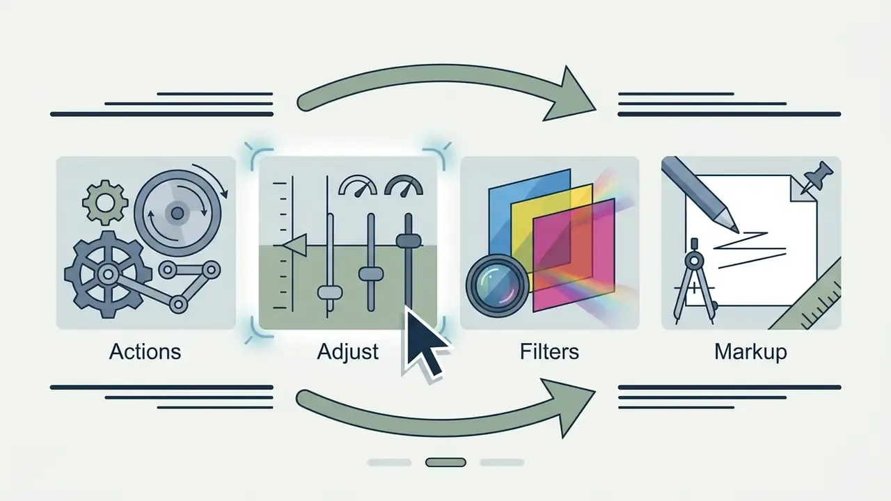 Horizontal row of icons representing Actions, Adjust, Filters, and Markup tools with curved navigation arrows