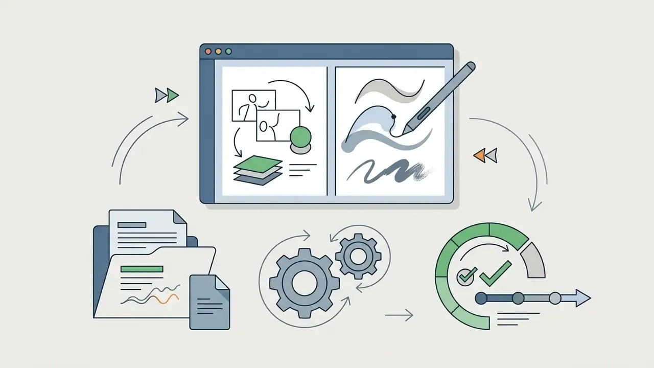 Digital workspace showing hand-drawn animation frames, layer stacks, and progress tracking icons