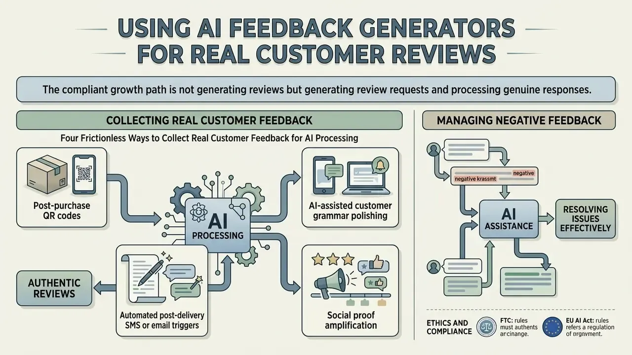 Infographic showing methods for collecting customer feedback and managing negative responses with AI tools