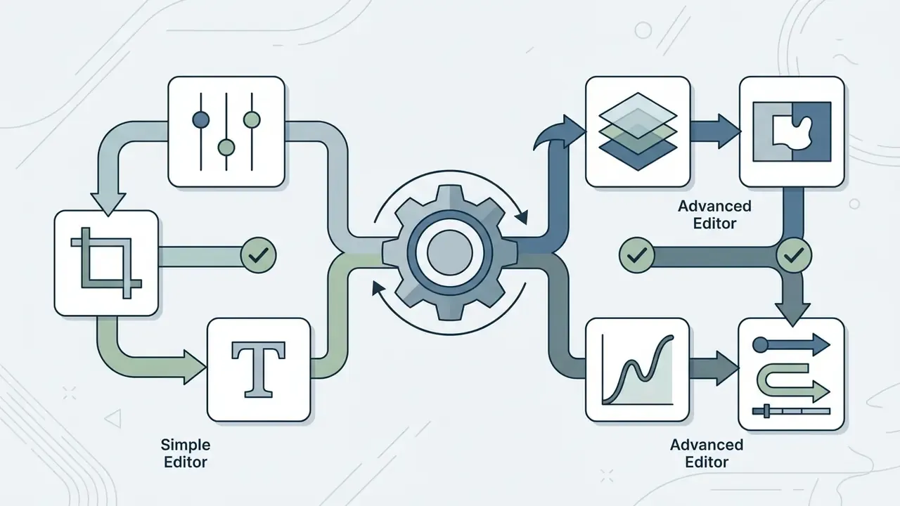Diagram showing workflow paths from basic tools to advanced features like layers and curves