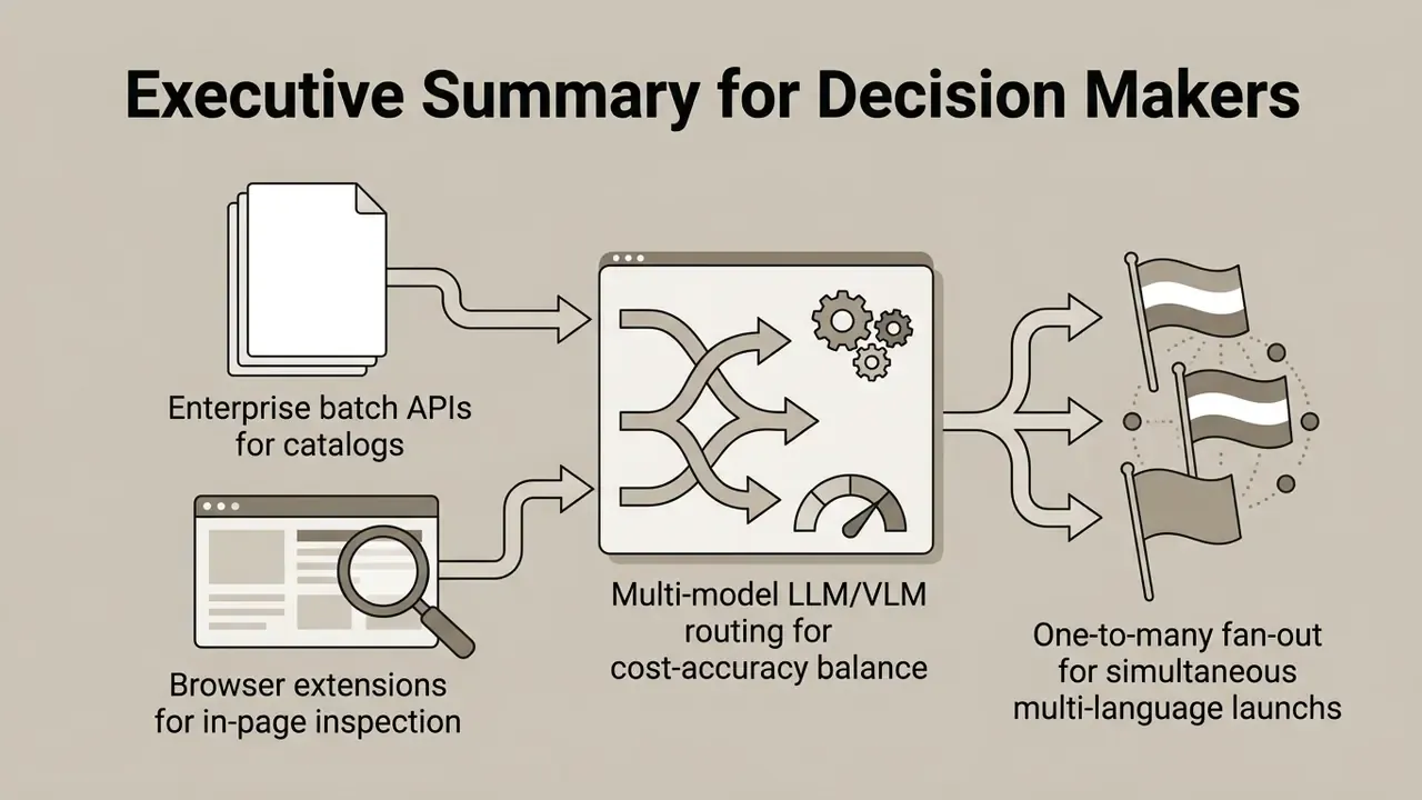 System architecture showing batch APIs and browser extensions routing to LLM models for global distribution