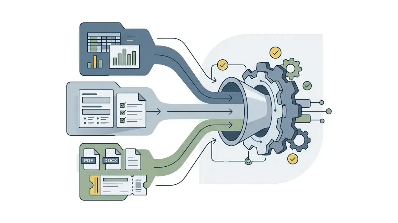 Data files and metrics feeding into a funnel and gear mechanism for automated processing