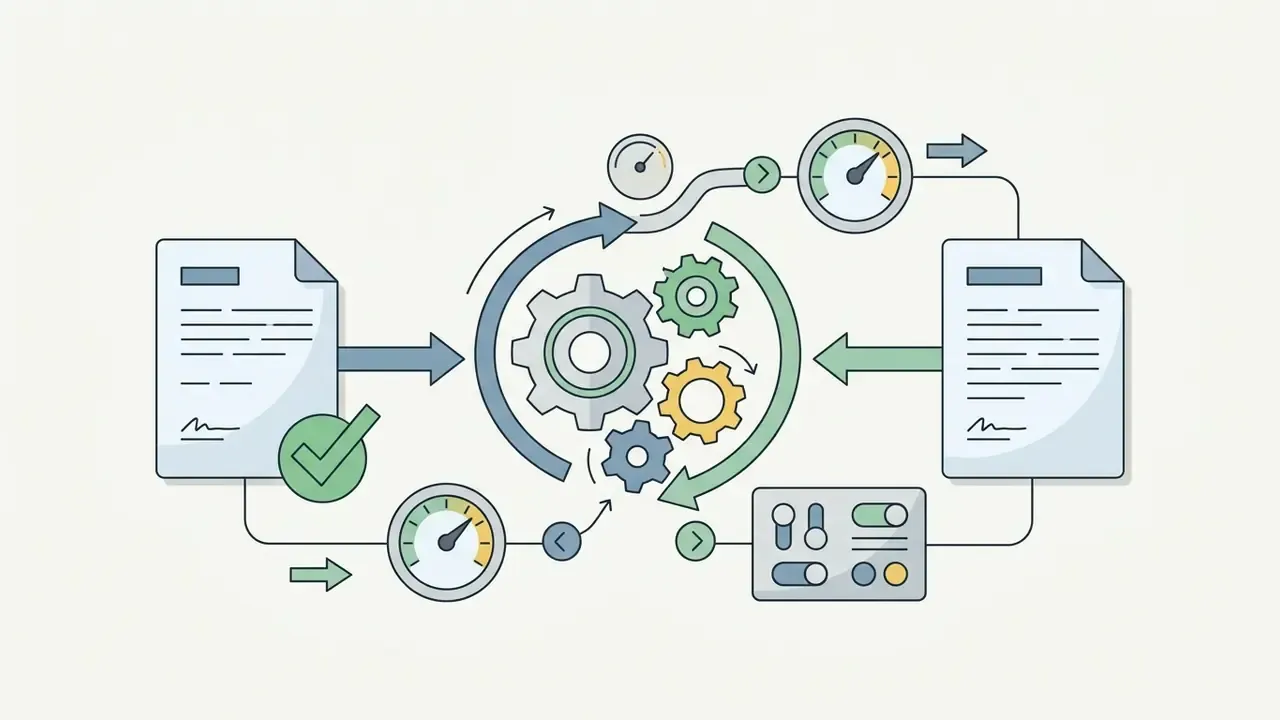 Documents moving through a gear mechanism with gauges and control sliders to refine content