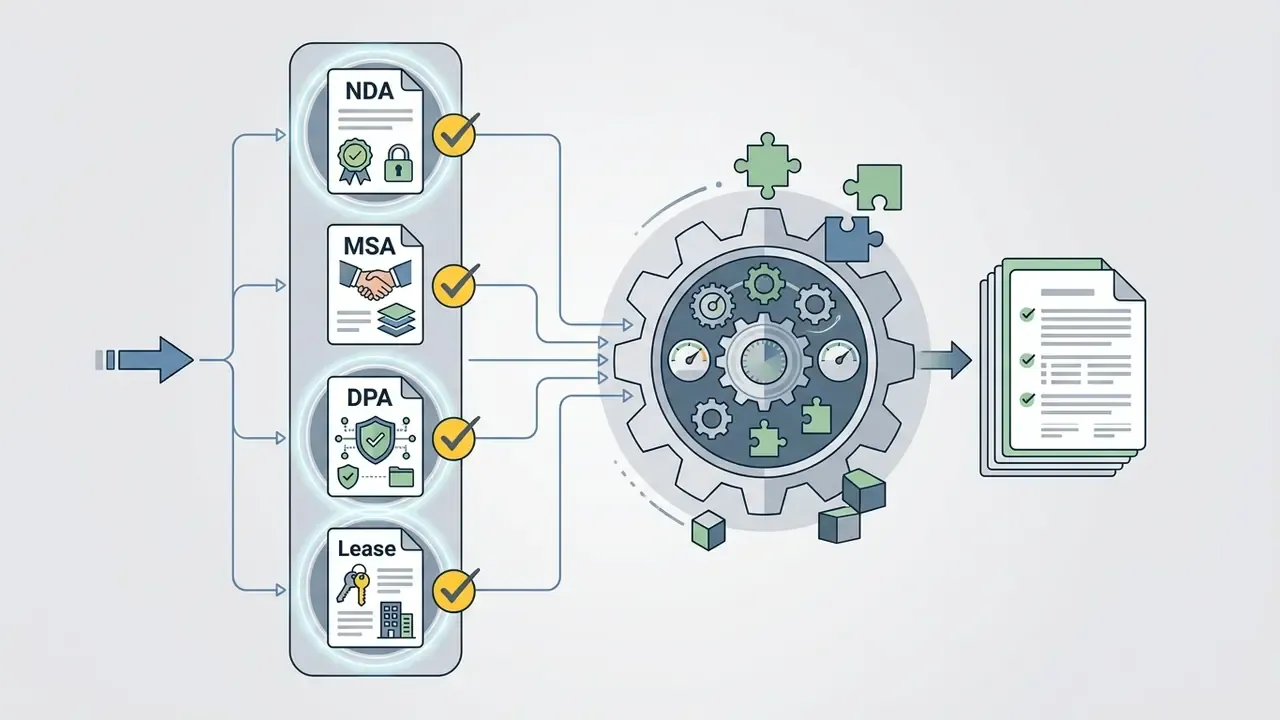 Diagram showing document types feeding into a central gear mechanism to produce a finalized legal document