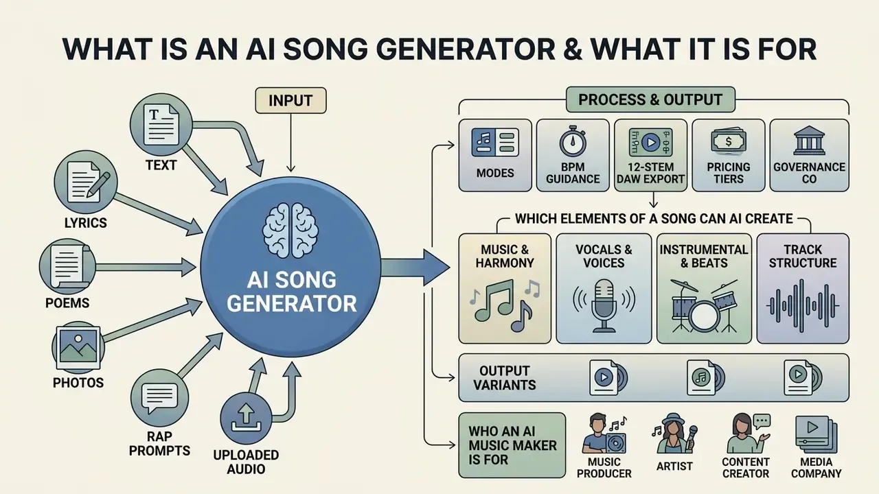 Infographic showing how an AI song generator processes various text and audio inputs into musical compositions
