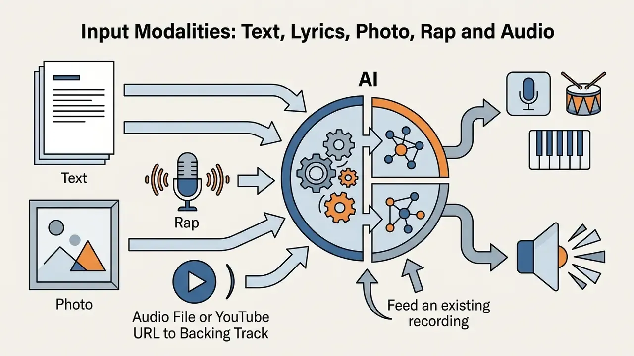 Multiple media inputs flowing into a central processor that separates audio into individual instrument tracks