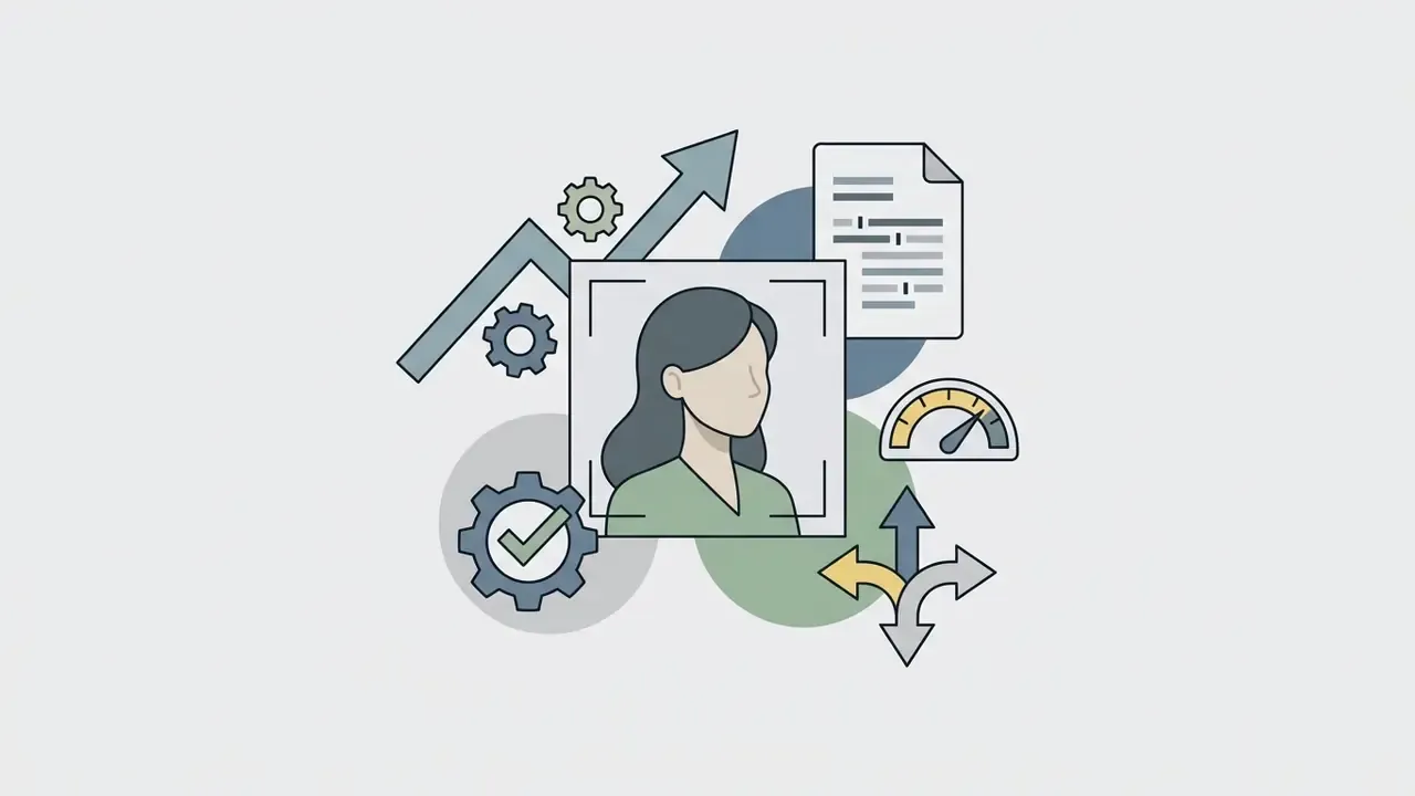 Central portrait frame surrounded by icons of a document, gears, a gauge, and directional arrows