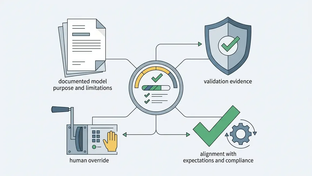 Central gauge connected to icons representing documentation, validation, human oversight, and compliance