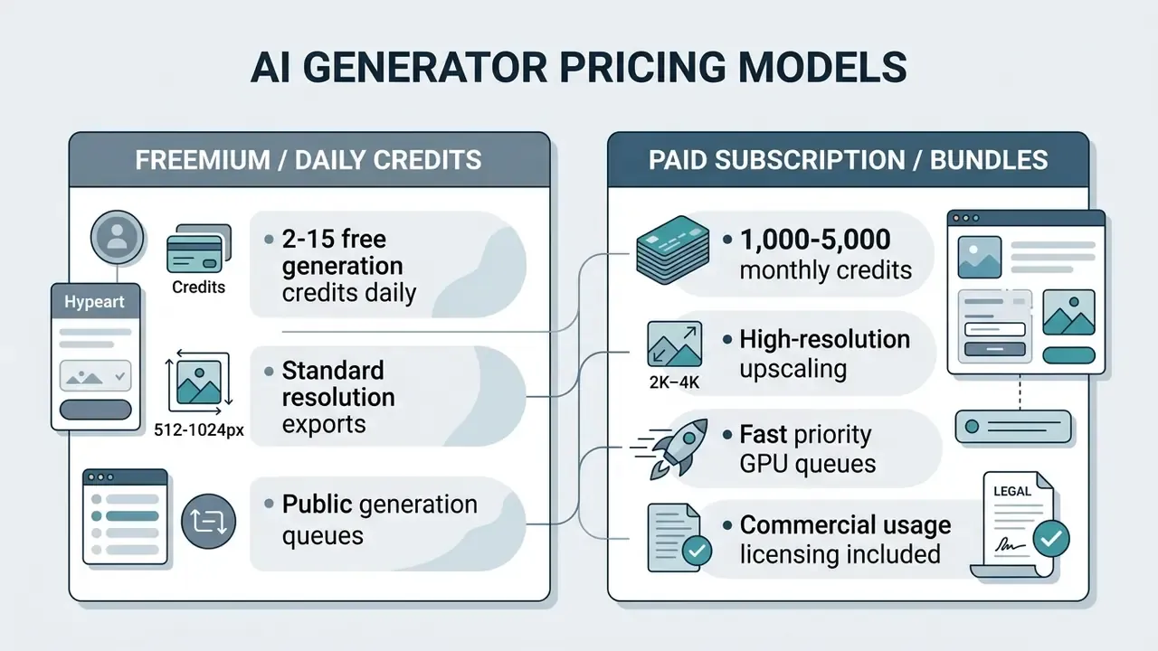 Comparison of features between freemium daily credit models and paid subscription bundles for AI generation