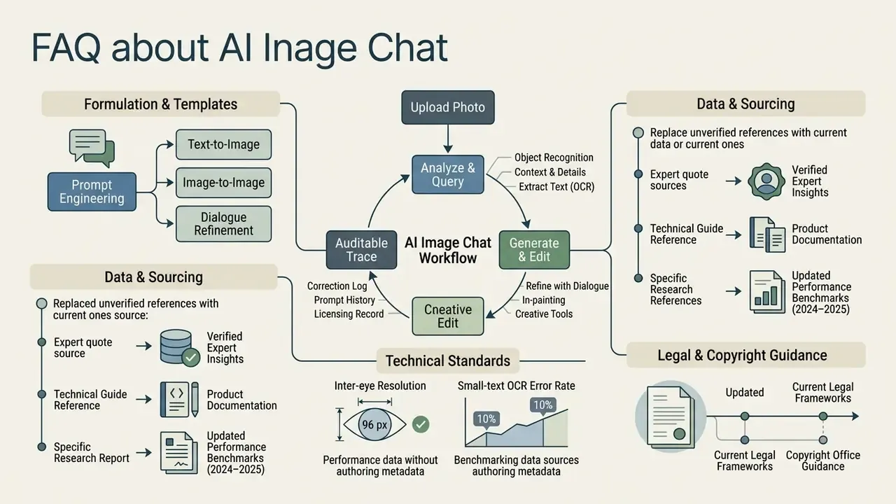 Structured layout detailing prompt engineering, audit trails, data sourcing, and legal standards for AI tools