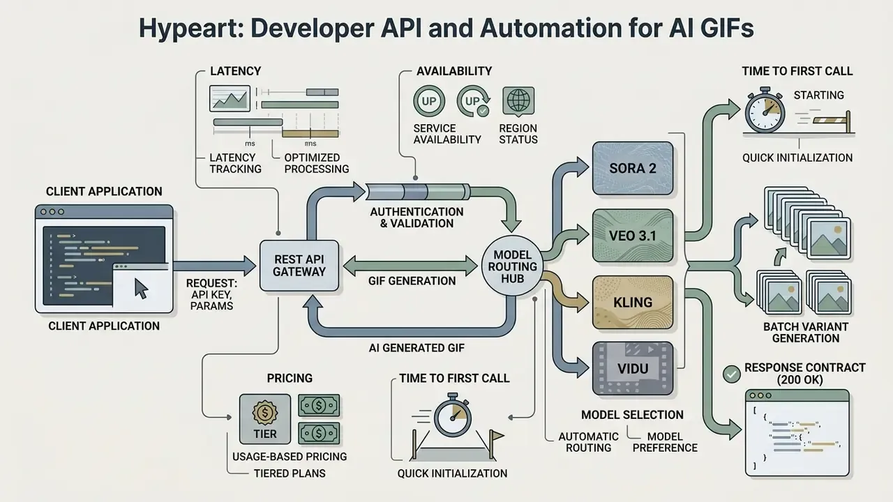 Technical architecture diagram showing API request flow, model routing, and batch animation processing