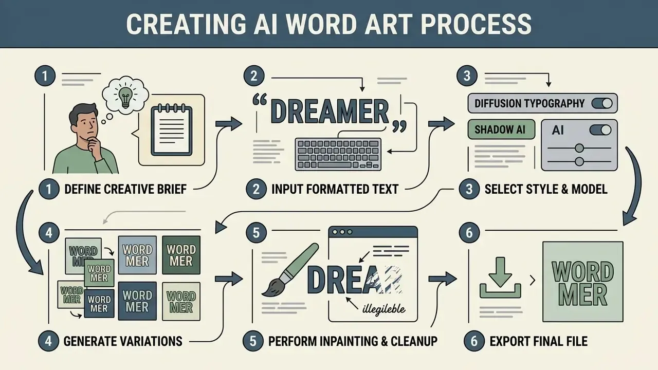 Infographic showing the six steps to create AI word art from defining a brief to exporting the final file