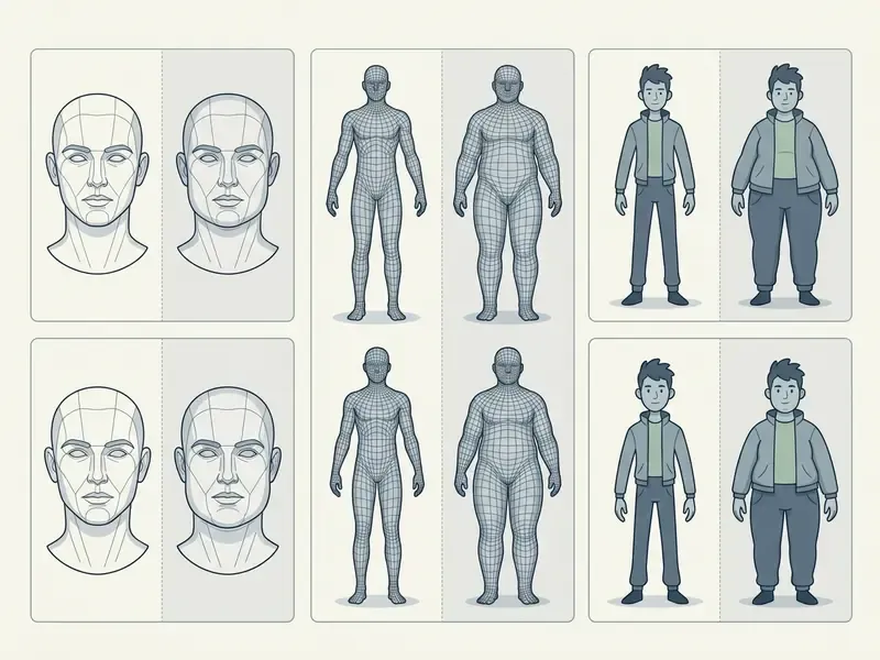 Split panels showing before and after versions of heads, body meshes, and illustrated characters