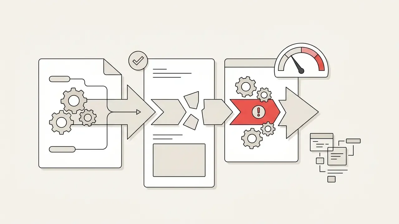 Sequence of documents showing gears breaking and an alert icon during an AI code generation process