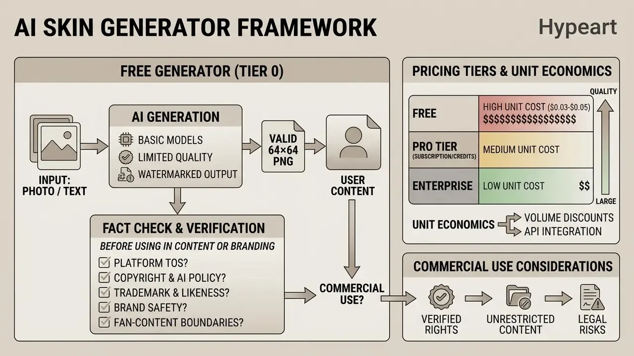 Framework diagram outlining generation workflows, pricing tiers, and commercial use legal considerations