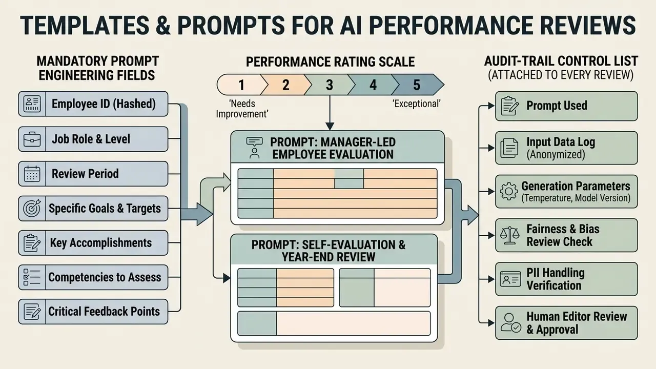 Diagram showing prompt engineering fields, rating scales, and audit control lists for staff evaluations