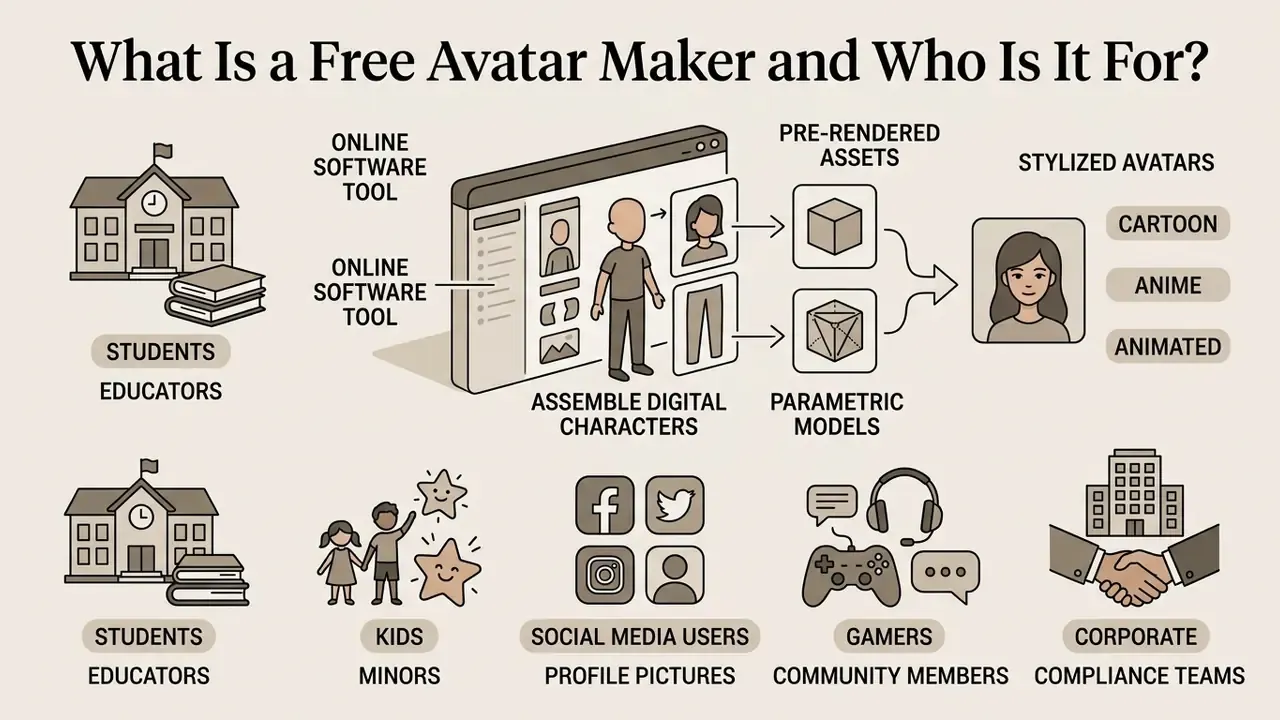 Infographic showing how a free avatar maker uses digital assets to create stylized characters for users