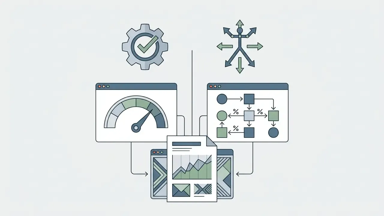 Icons representing speed, pose control, and data analysis windows connected to a central report document