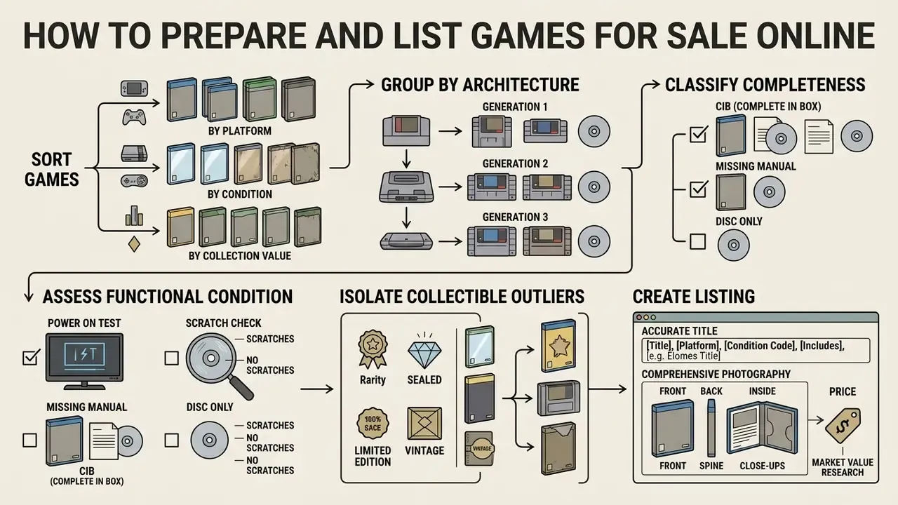 Workflow diagram showing steps to sort, assess, and list video games for sale online