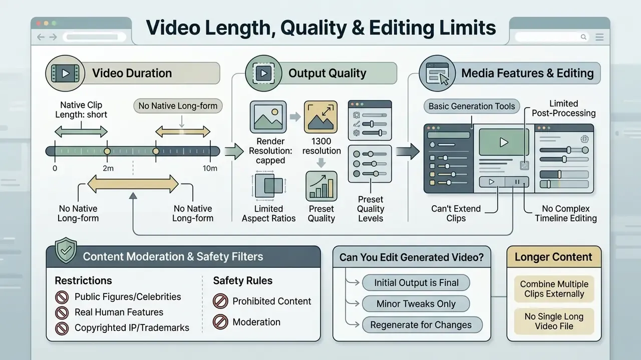 Flowchart detailing Perplexity AI video constraints regarding duration, quality, editing, and safety filters