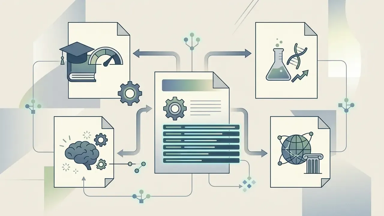 Central document template connected to icons representing academic rigor, research, intellect, and global impact