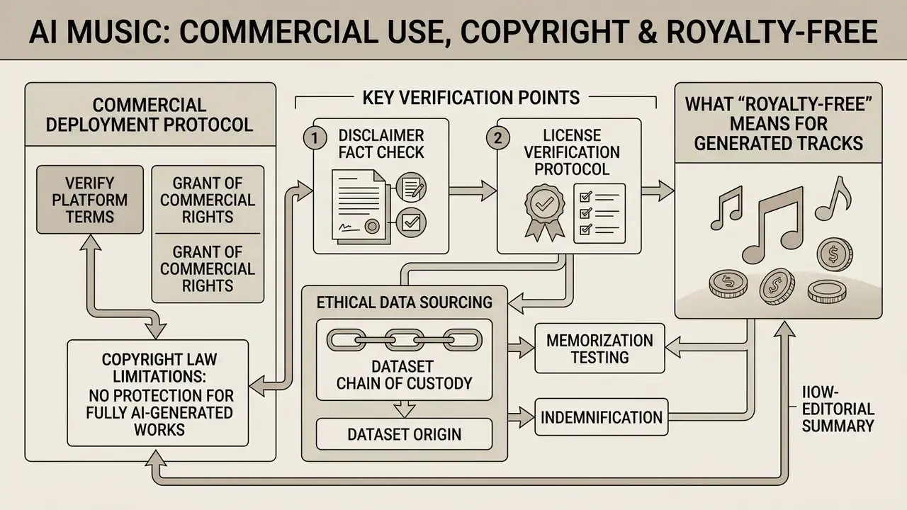 Flowchart mapping the legal verification process for commercial use of music from an AI song creator