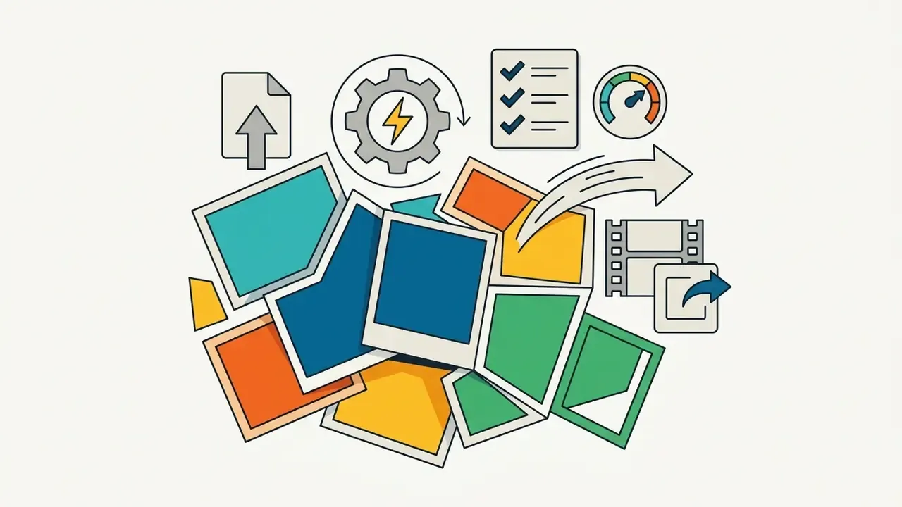 Stack of colorful rectangular frames with icons for file uploads, gear processing, and media export
