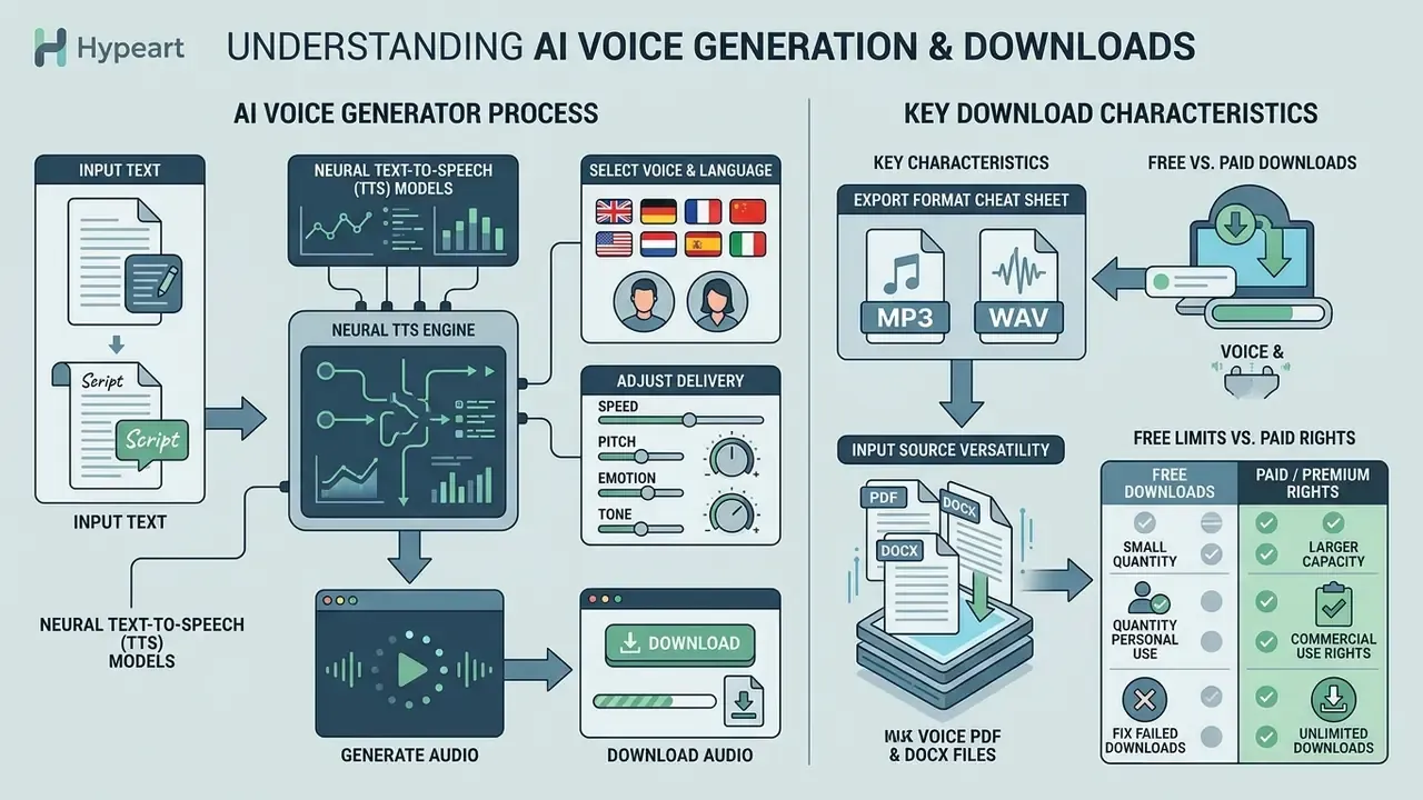 Flowchart detailing the AI voice generator process and comparing free versus paid download features