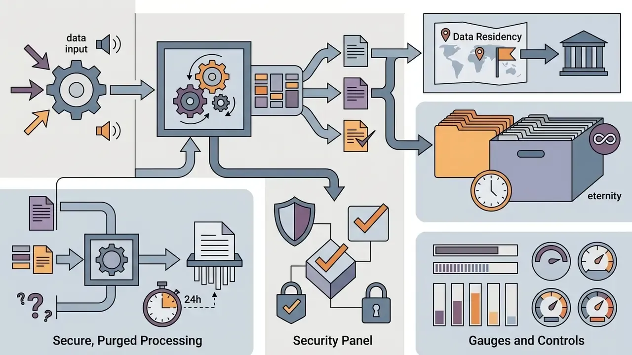 Diagram showing data processing paths for residency, retention, security, and document purging